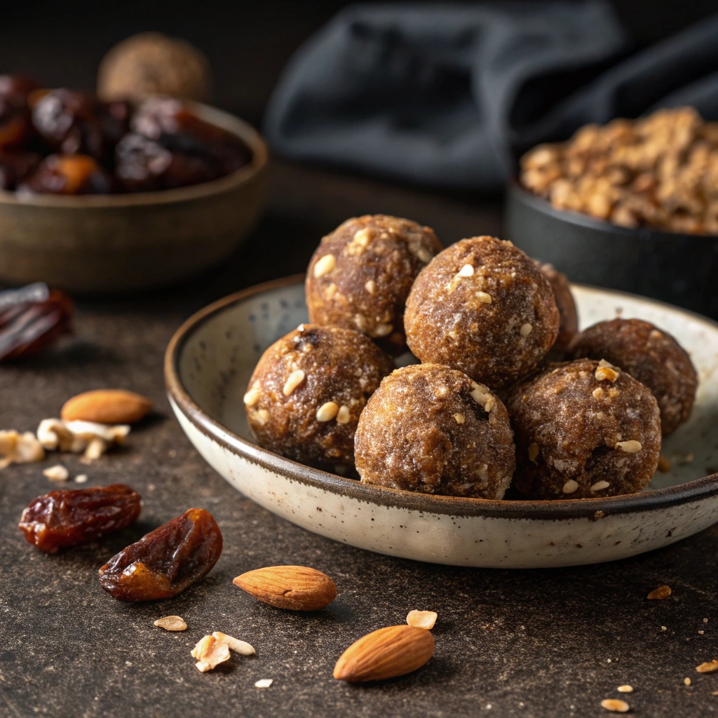 A plate of date energy balls coated in oats and nuts, surrounded by dates and peanuts.