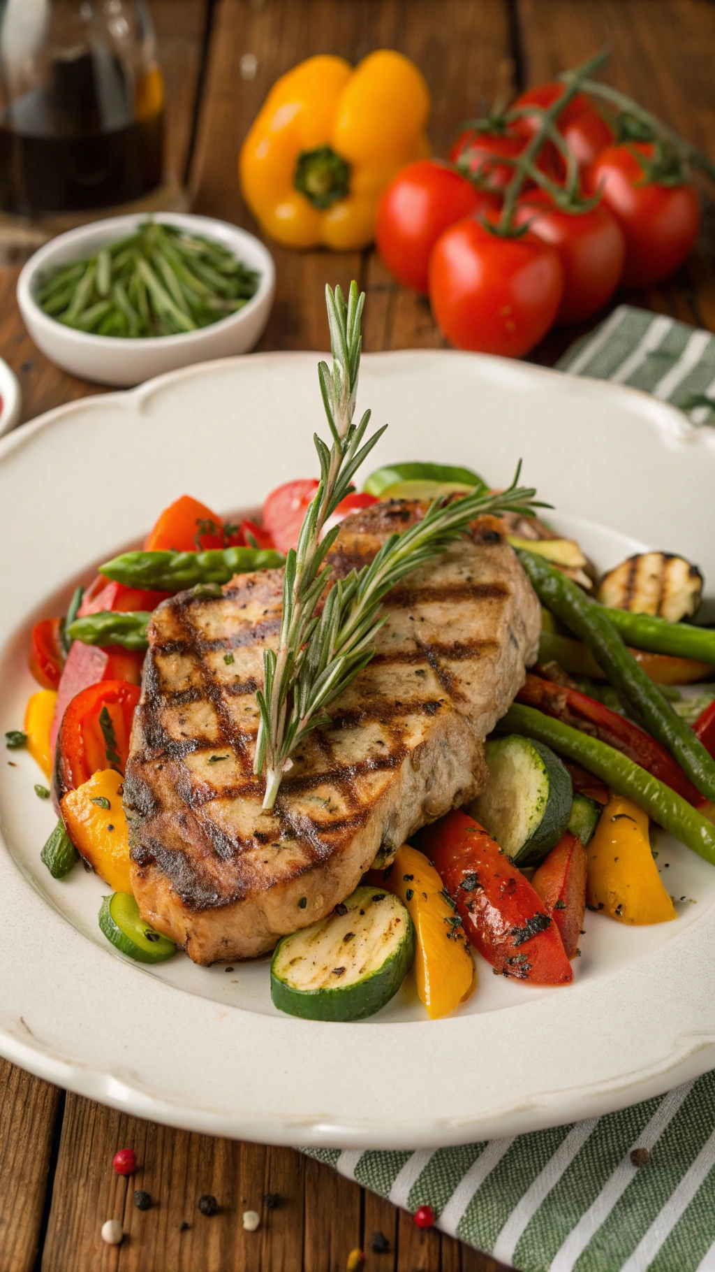 Grilled pork chop served with colorful herbed vegetables.