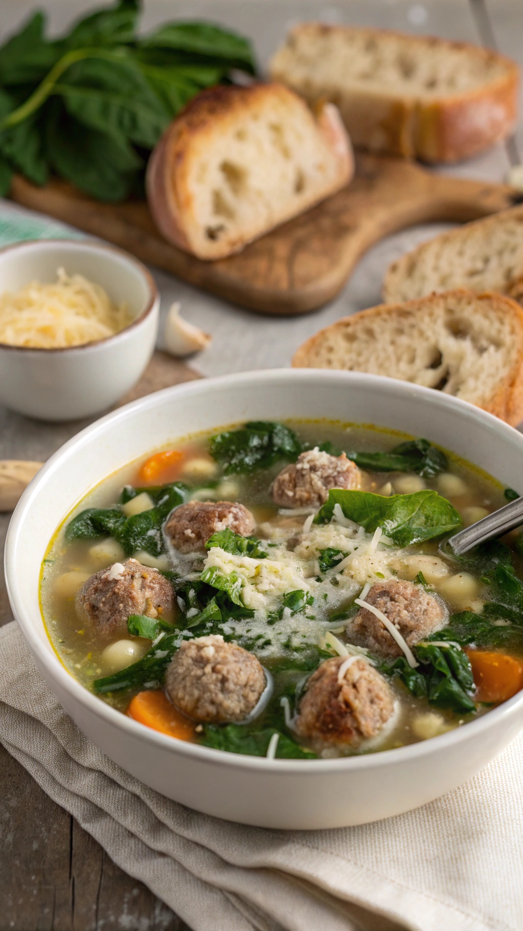 A bowl of Italian Wedding Soup with meatballs, spinach, and carrots, served with bread on the side.