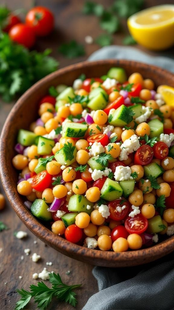 A vibrant Mediterranean chickpea salad with cucumbers, tomatoes, and feta cheese in a wooden bowl.