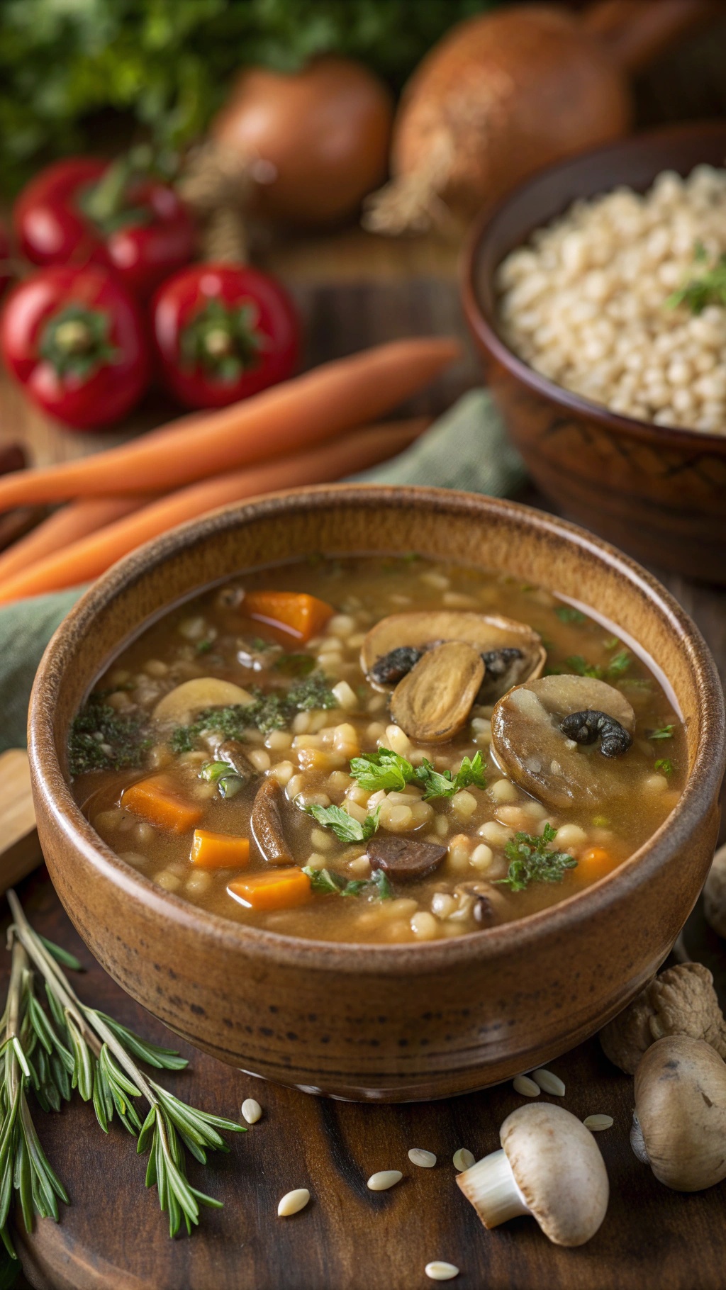 A bowl of mushroom barley soup with fresh vegetables in the background.
