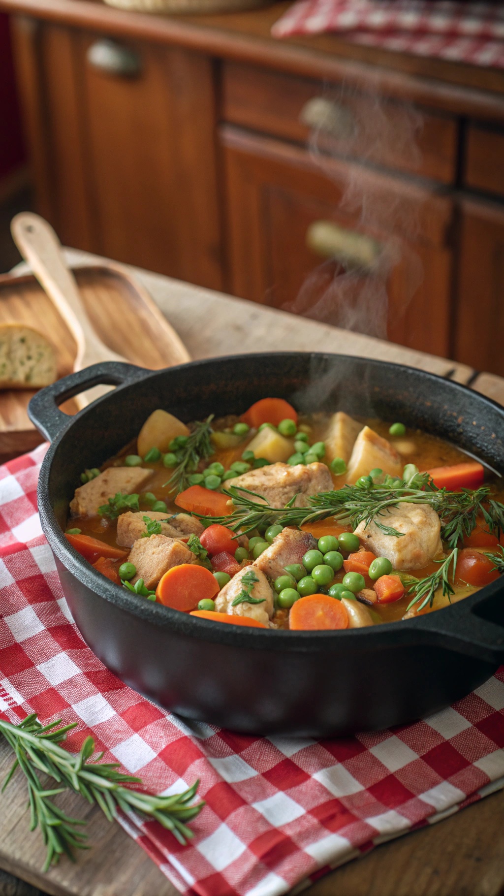 A hearty chicken and vegetable stew in a cast-iron pot, with vibrant carrots, peas, and potatoes.