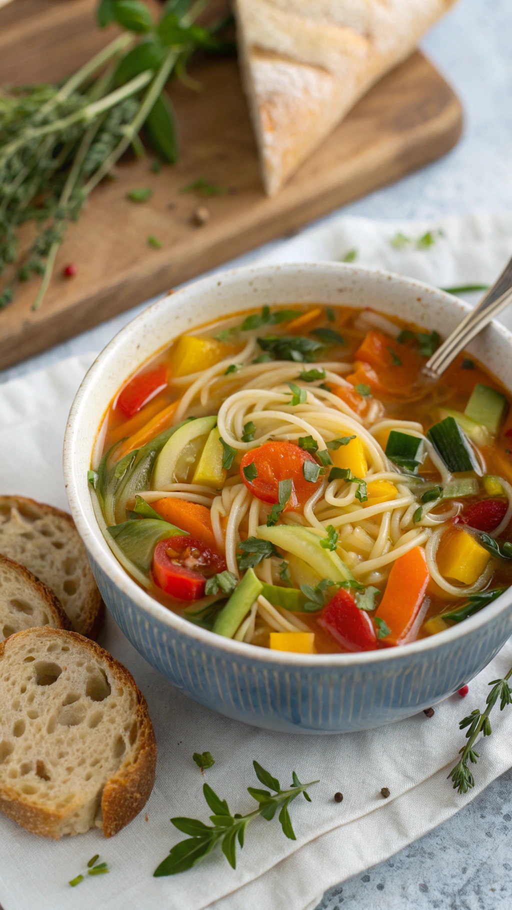 A bowl of vegetable noodle soup with colorful vegetables and a side of bread.