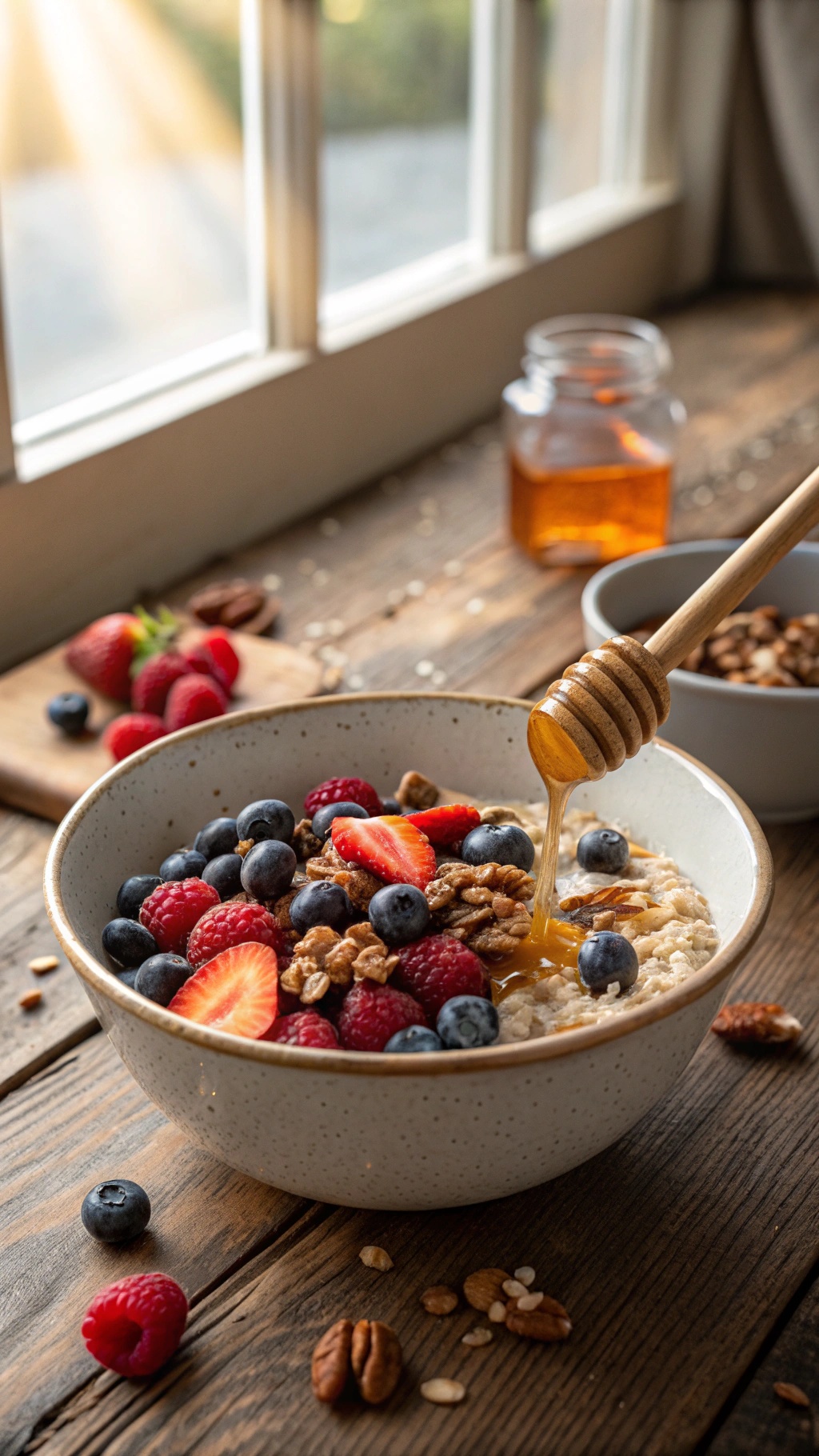 A bowl of overnight oats topped with fresh berries and honey, sitting on a wooden table.