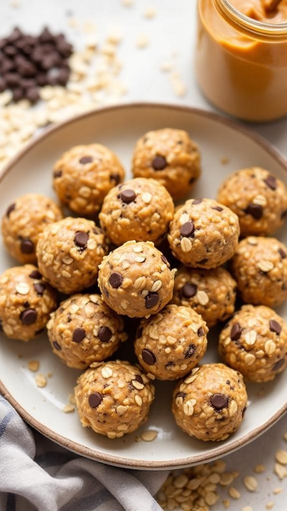 A plate of peanut butter oatmeal bites with chocolate chips, surrounded by oats and a jar of peanut butter.