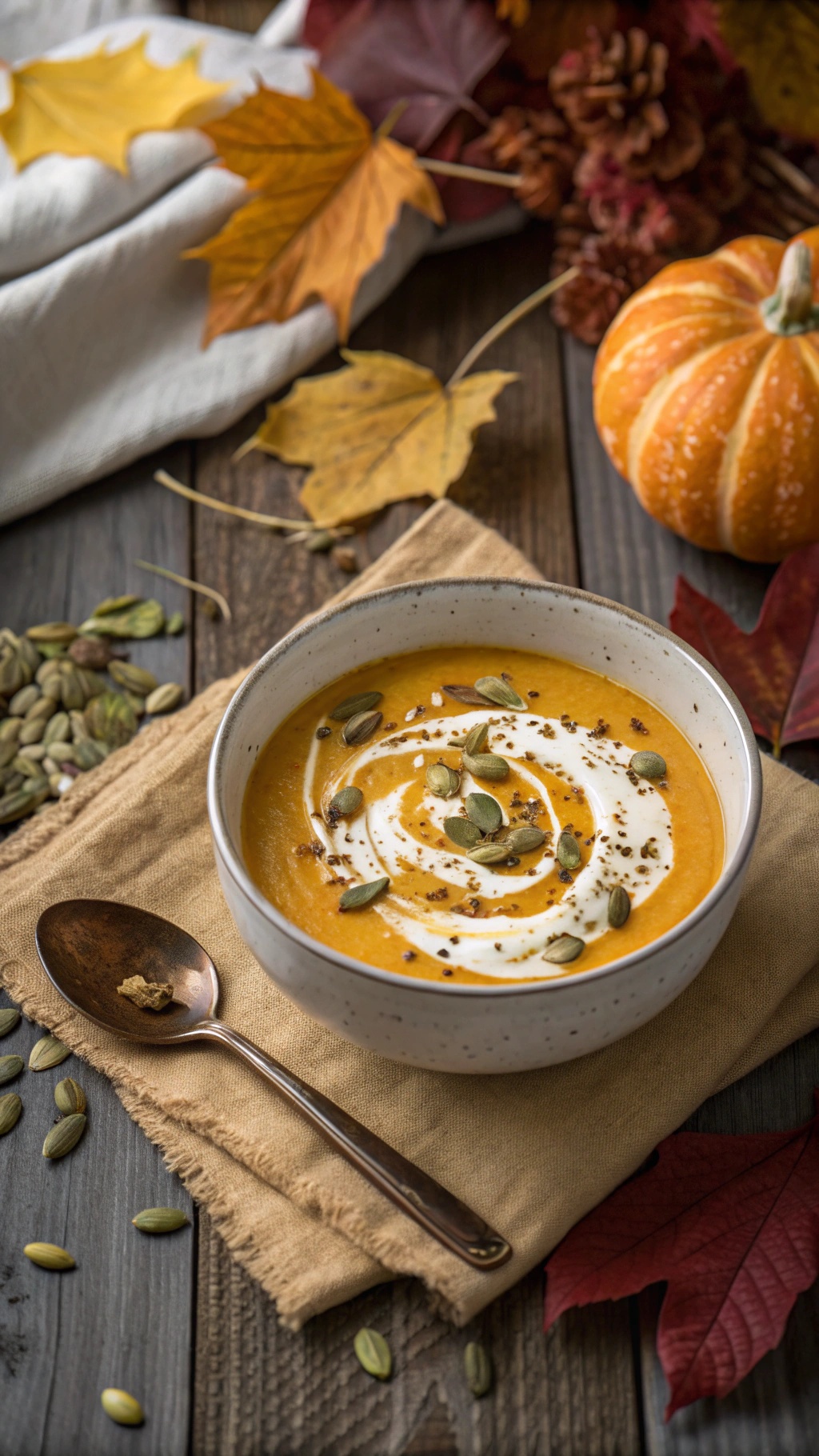 A bowl of pumpkin soup garnished with cream and pumpkin seeds, surrounded by autumn leaves and a small pumpkin.