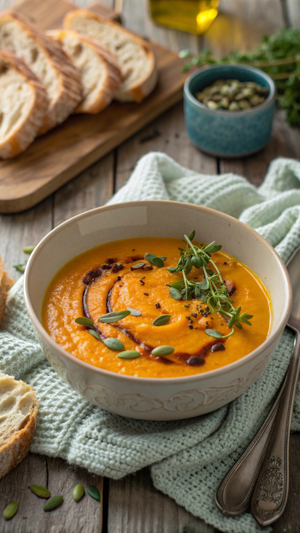 A bowl of creamy pumpkin soup garnished with herbs and seeds, served with slices of bread on a wooden table.