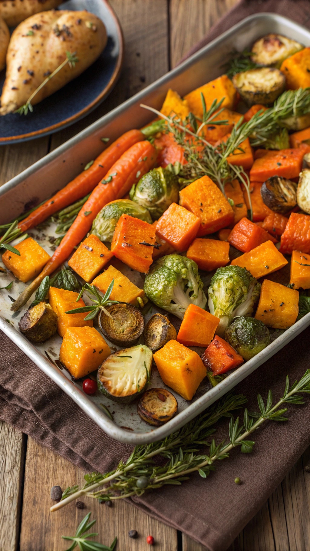A tray of colorful roasted vegetables including butternut squash, Brussels sprouts, and carrots, garnished with herbs.
