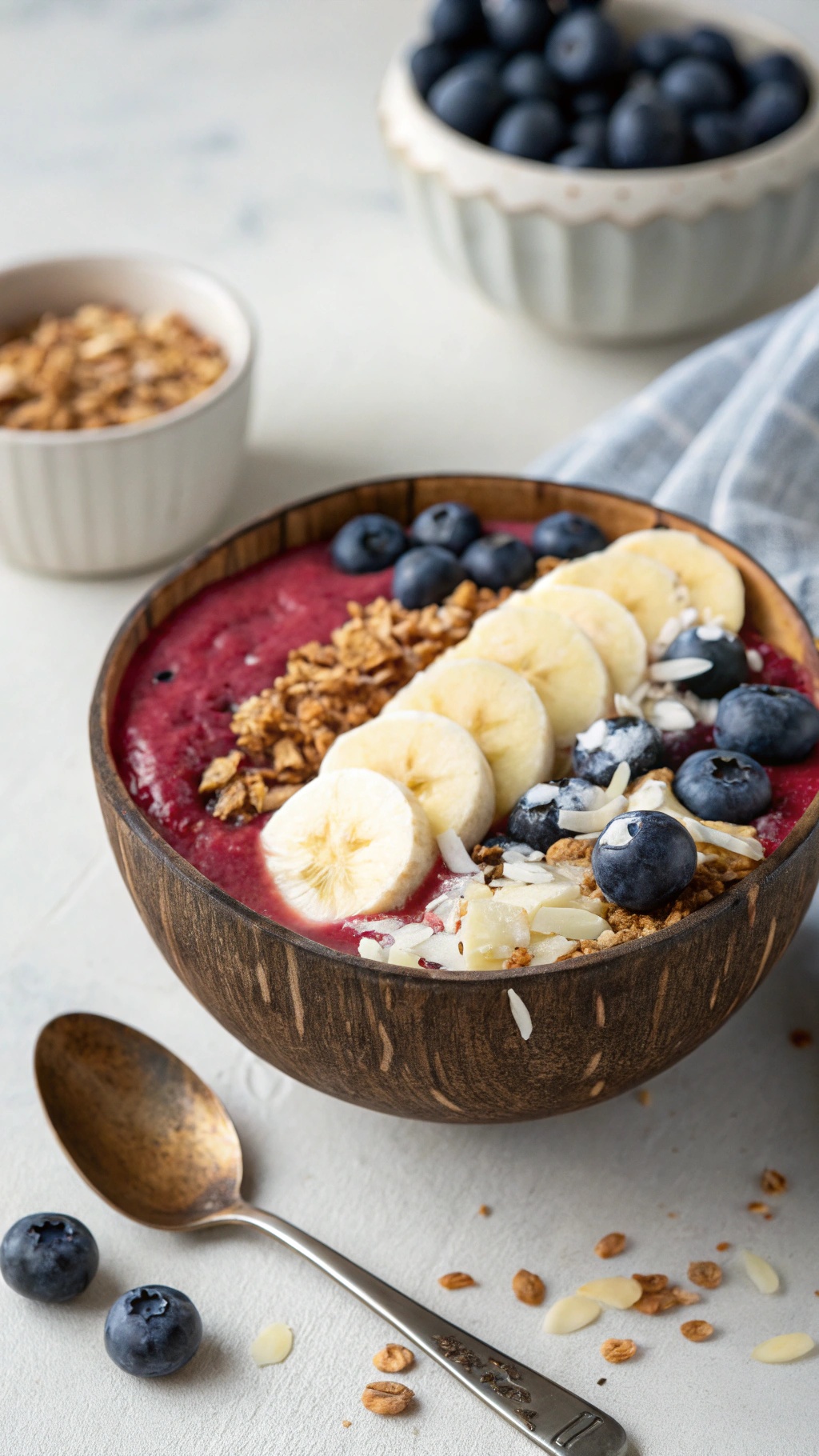 A smoothie bowl topped with banana slices, blueberries, granola, and coconut.