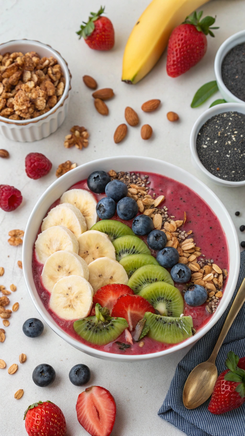 A colorful smoothie bowl topped with banana slices, strawberries, blueberries, kiwi, and granola, surrounded by fresh fruits and nuts.