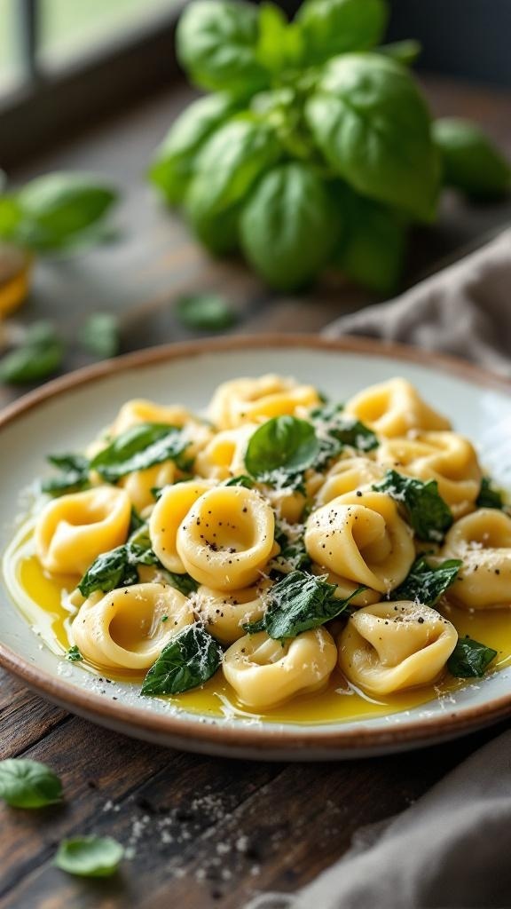 Plate of spinach and ricotta tortellini garnished with basil and parmesan cheese