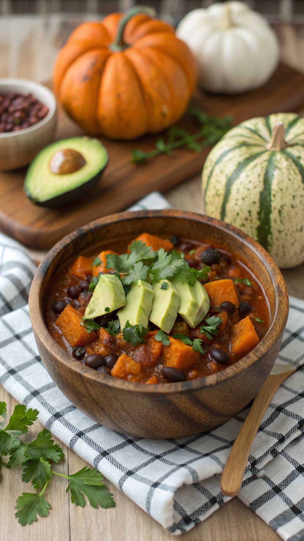 A bowl of sweet potato and black bean chili topped with avocado slices and cilantro, surrounded by pumpkins and herbs.