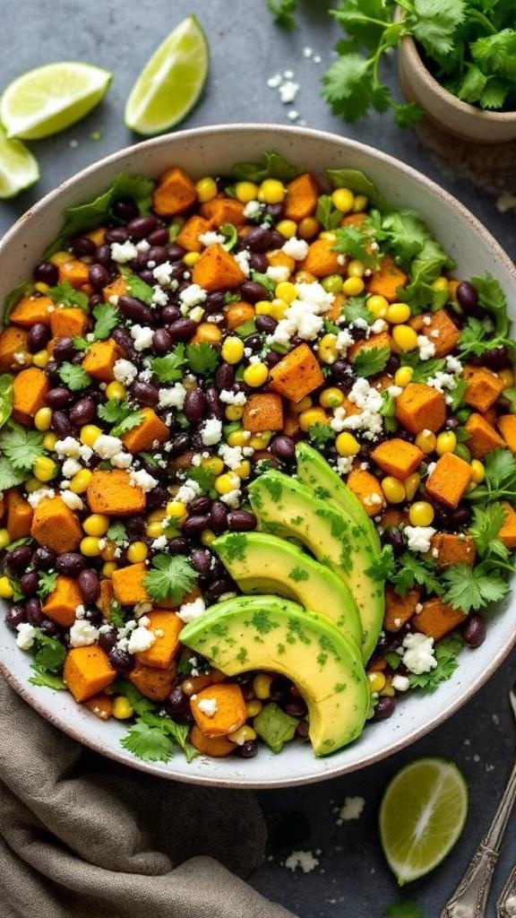 A colorful bowl of sweet potato and black bean salad with avocado slices and lime wedges.