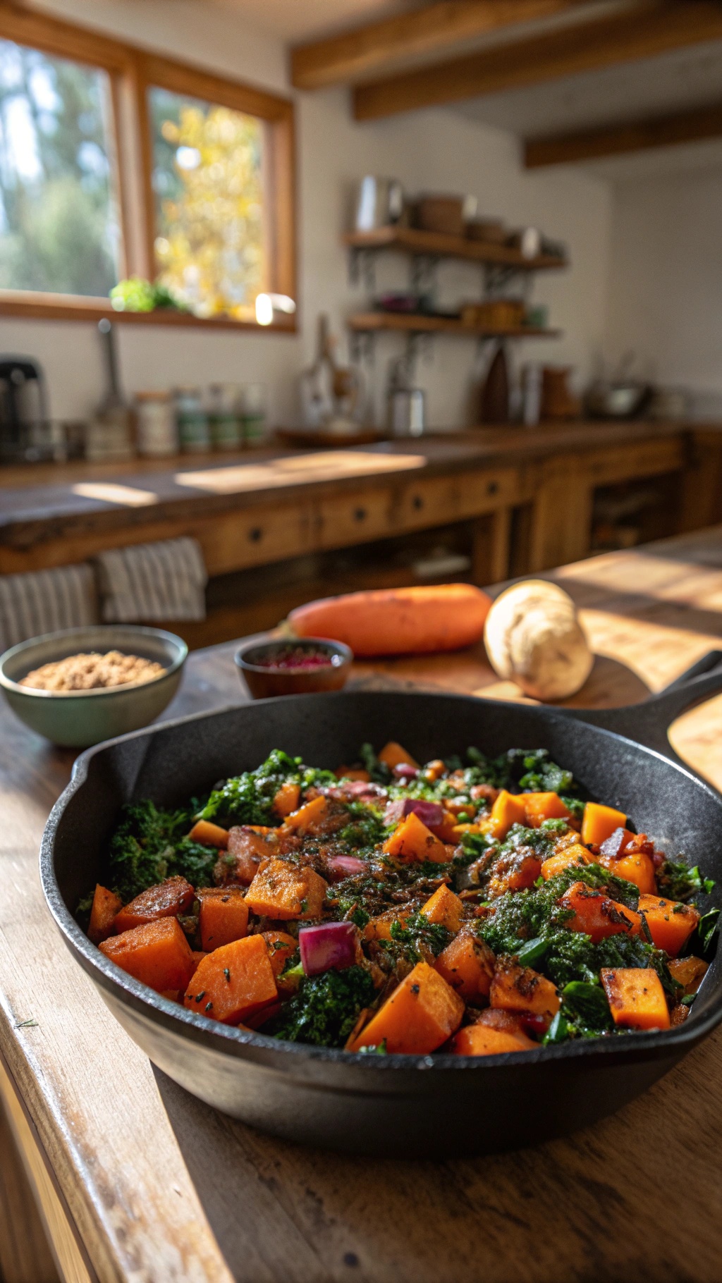 A skillet filled with colorful sweet potato and kale hash, showcasing vibrant ingredients in a cozy kitchen setting.