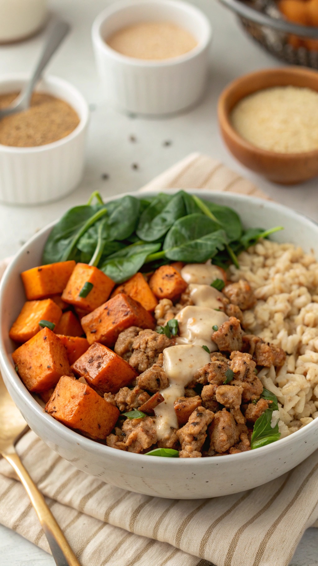 A wholesome turkey and sweet potato bowl with spinach and brown rice, topped with a creamy sauce.