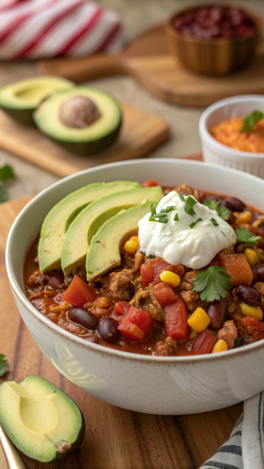 A bowl of turkey and veggie chili topped with avocado slices, sour cream, and cilantro.