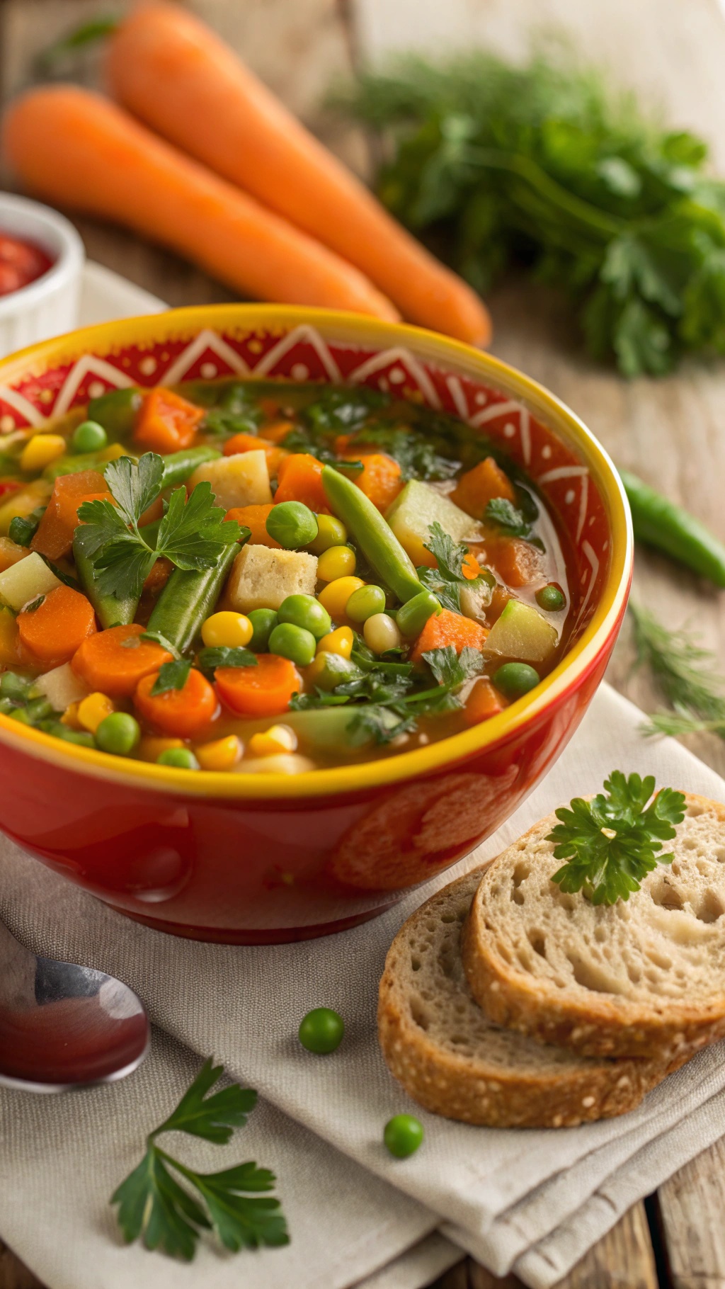 A bowl of vegetable medley soup with carrots, peas, and corn, served with slices of bread.