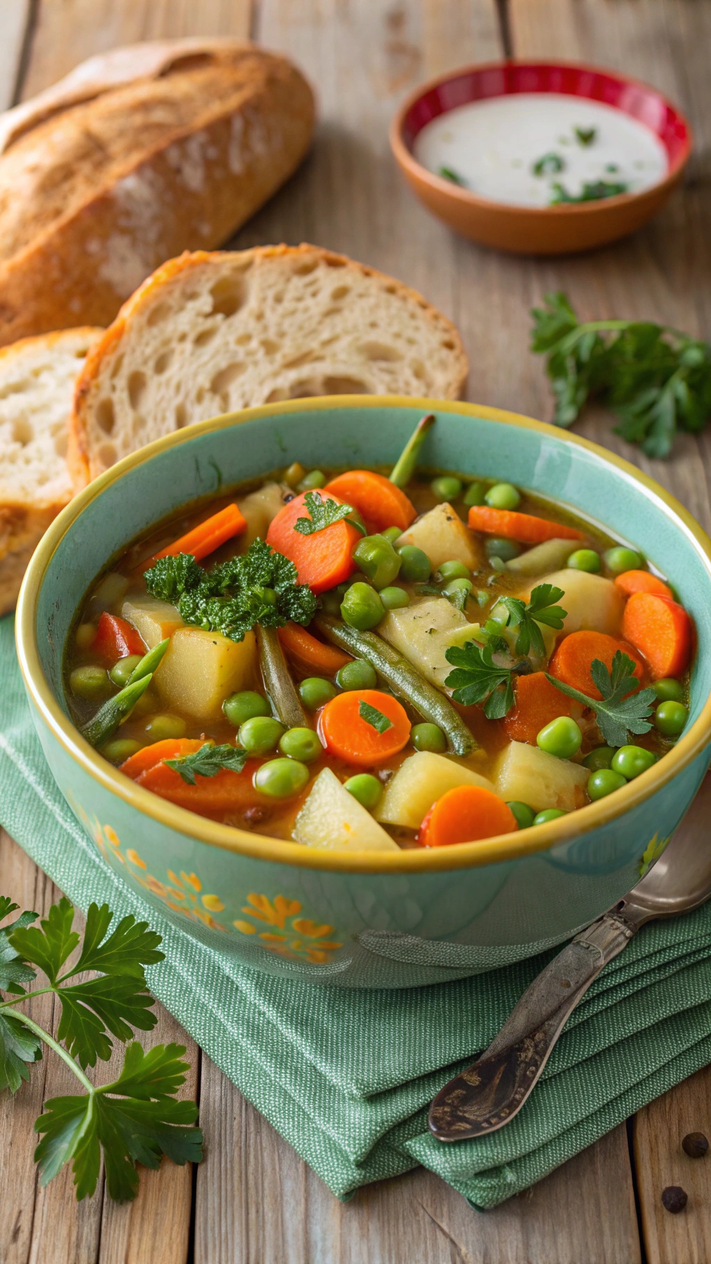 A bowl of wholesome vegetable soup with carrots, potatoes, and peas, served with bread on the side.
