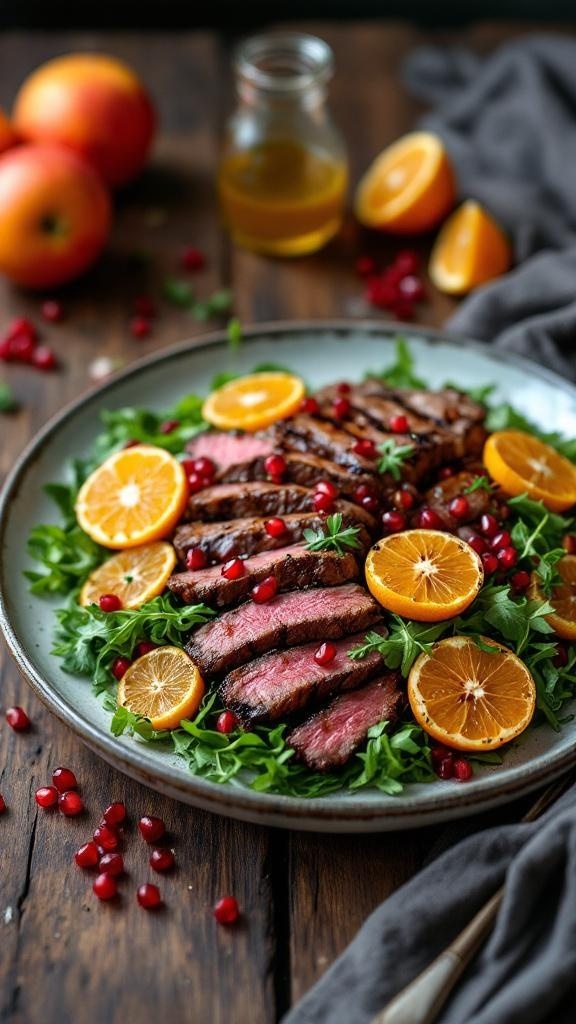 A vibrant winter steak salad with citrus slices and pomegranate seeds on a plate.