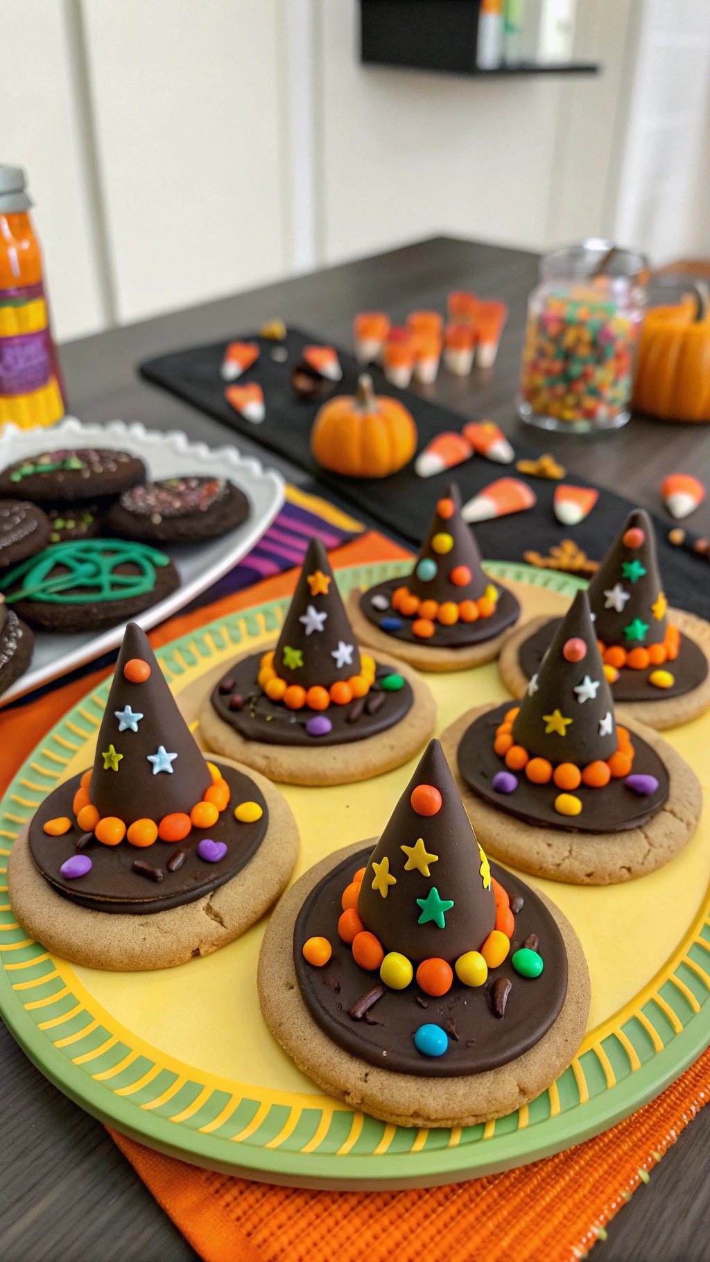 A plate of witch hat cookies decorated with colorful candies, featuring chocolate cookie bases and ice cream cone hats.