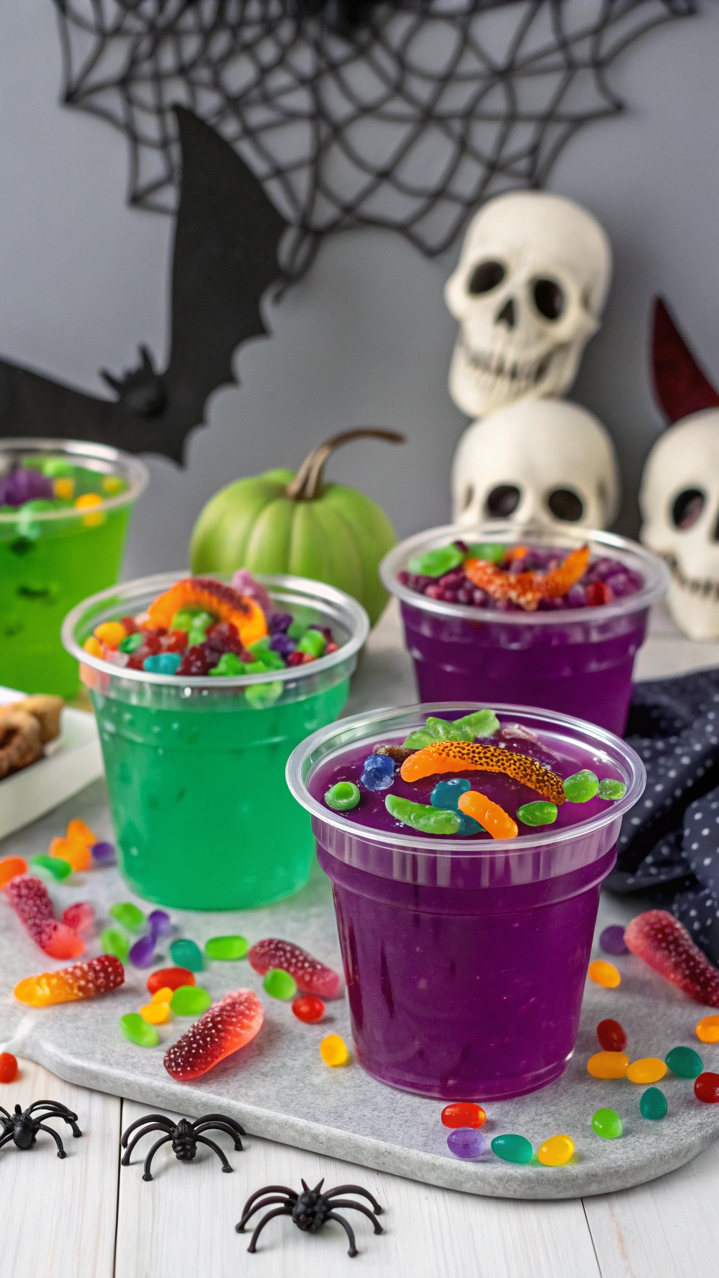 Colorful Witch's Brew Jello Cups with gummy candies, perfect for Halloween.