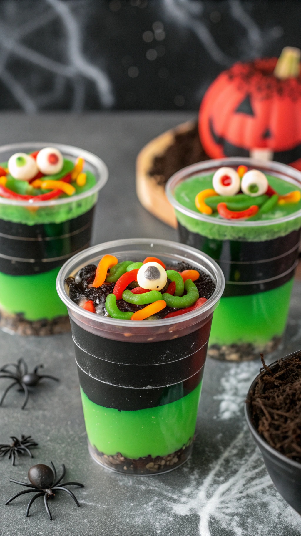 Colorful Witch's Brew Jello Cups with gummy worms and candy eyes, perfect for Halloween.