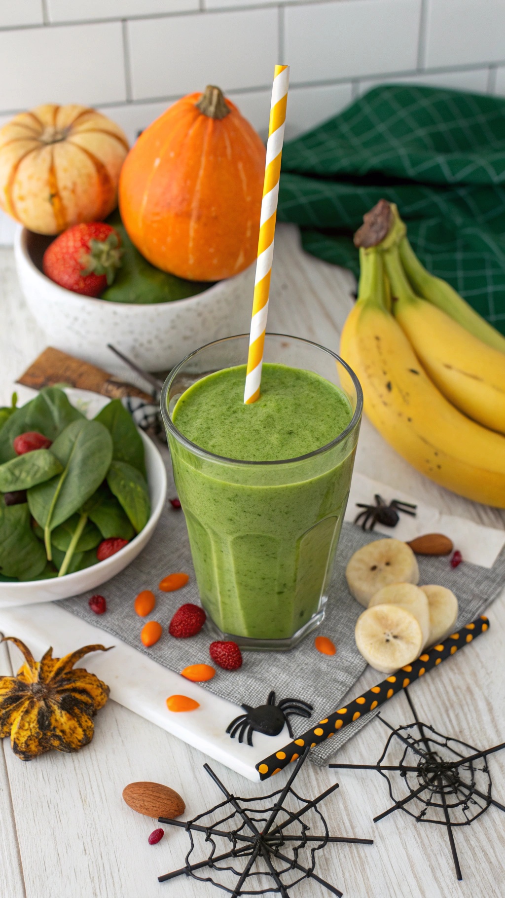 A vibrant green smoothie in a glass with a yellow straw, surrounded by fruits and Halloween decorations.