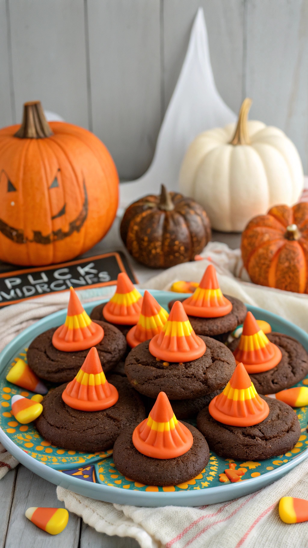 A plate of Witch's Hat Cookies decorated with candy corn, surrounded by pumpkins and Halloween decor.