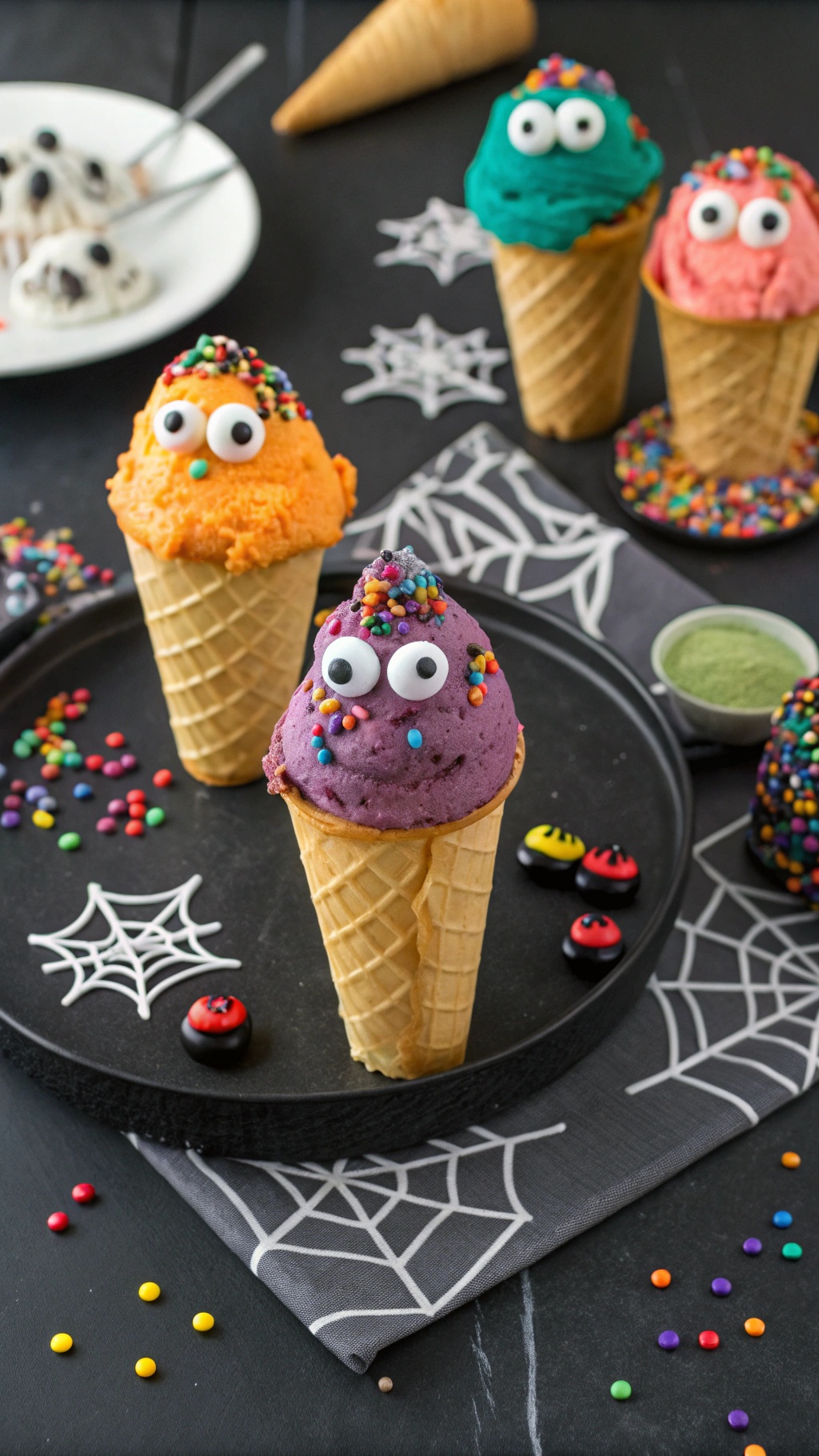 Colorful waffle cone monsters with ice cream scoops and candy eyes