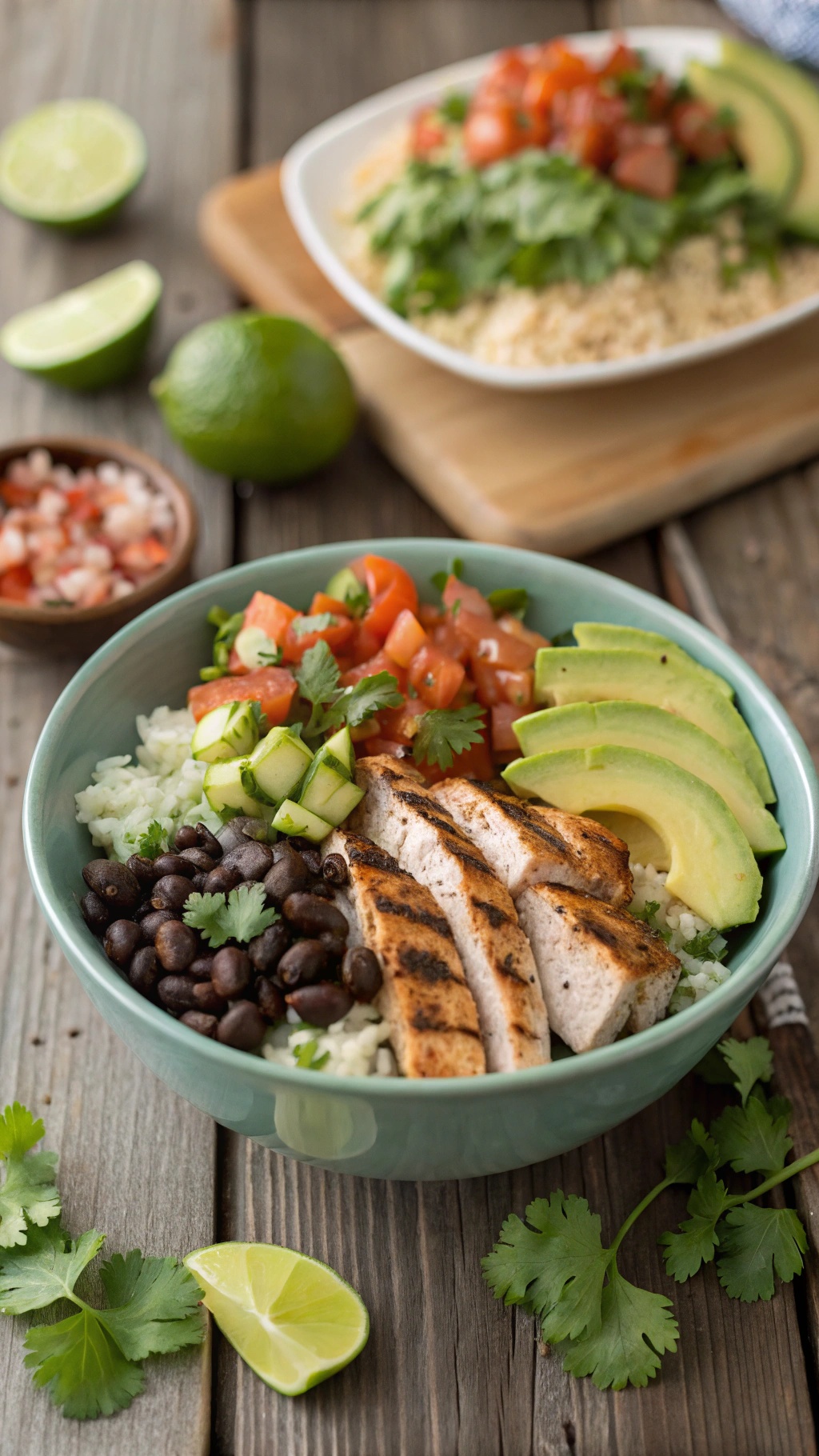 A colorful burrito bowl with rice, black beans, grilled chicken, avocado, tomatoes, and lime.