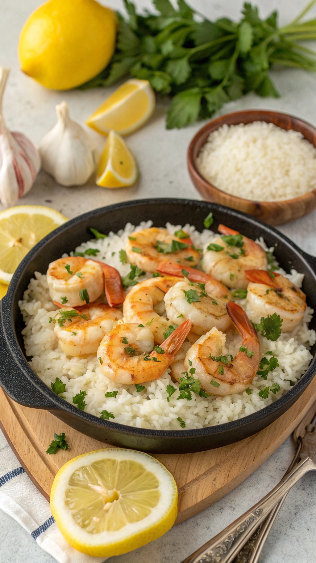A delicious plate of lemon garlic shrimp served over rice, garnished with parsley and lemon wedges.