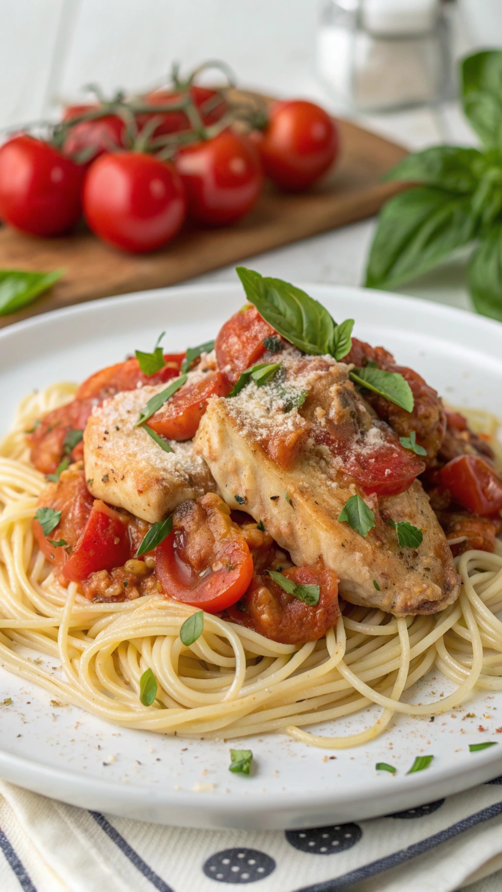 A plate of Italian chicken with tomatoes and herbs served over spaghetti, garnished with fresh basil.