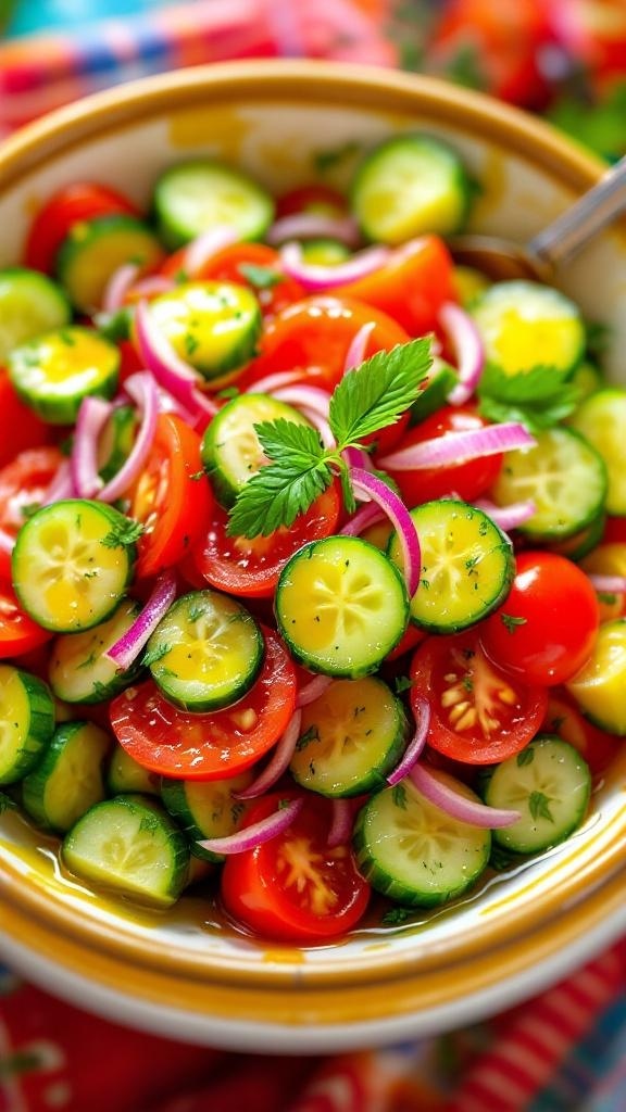 A colorful cucumber tomato salad with cherry tomatoes, sliced cucumbers, and red onion garnished with fresh herbs.