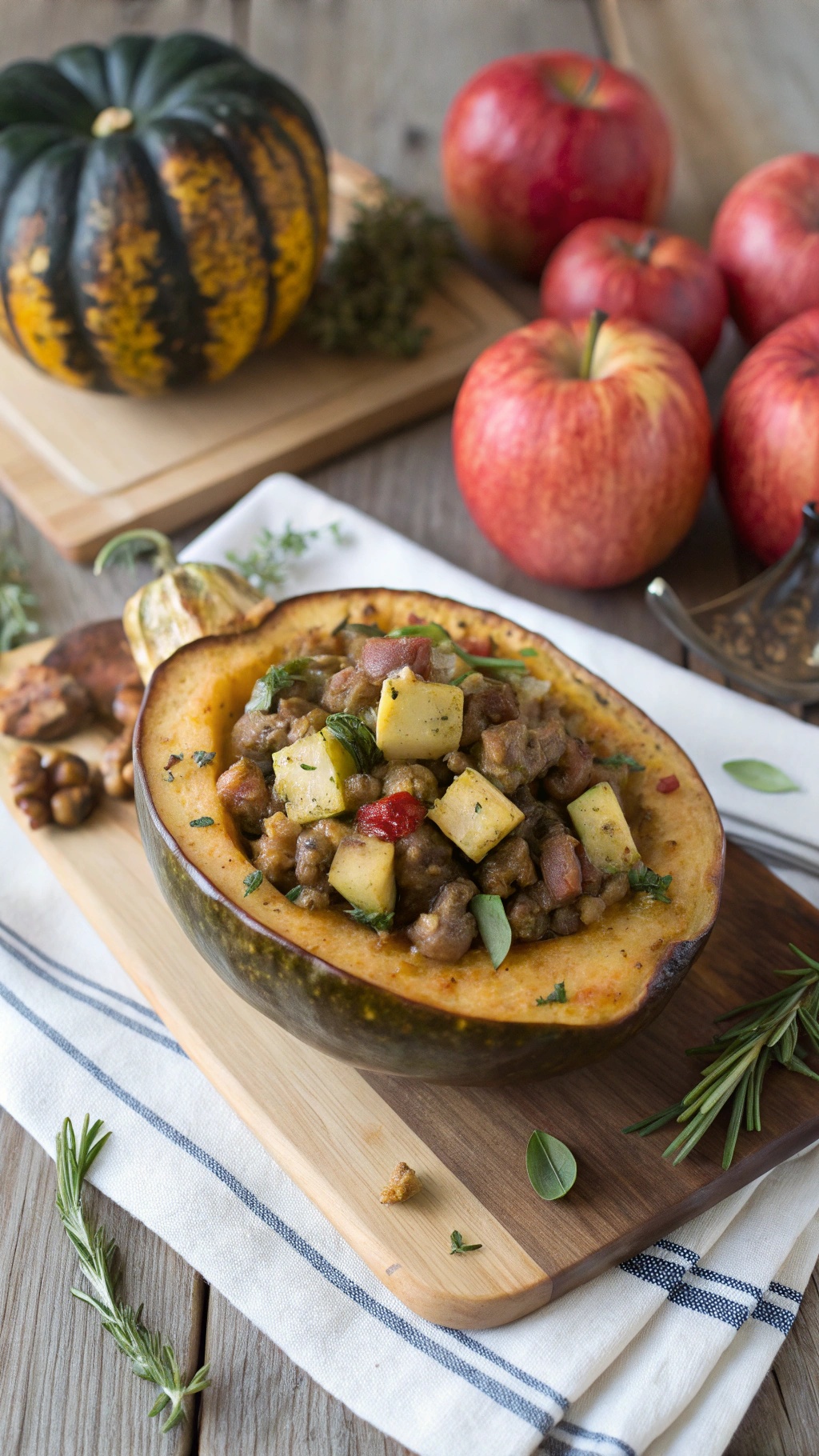 Zesty Apple and Sausage Stuffed Acorn Squash with apples in the background