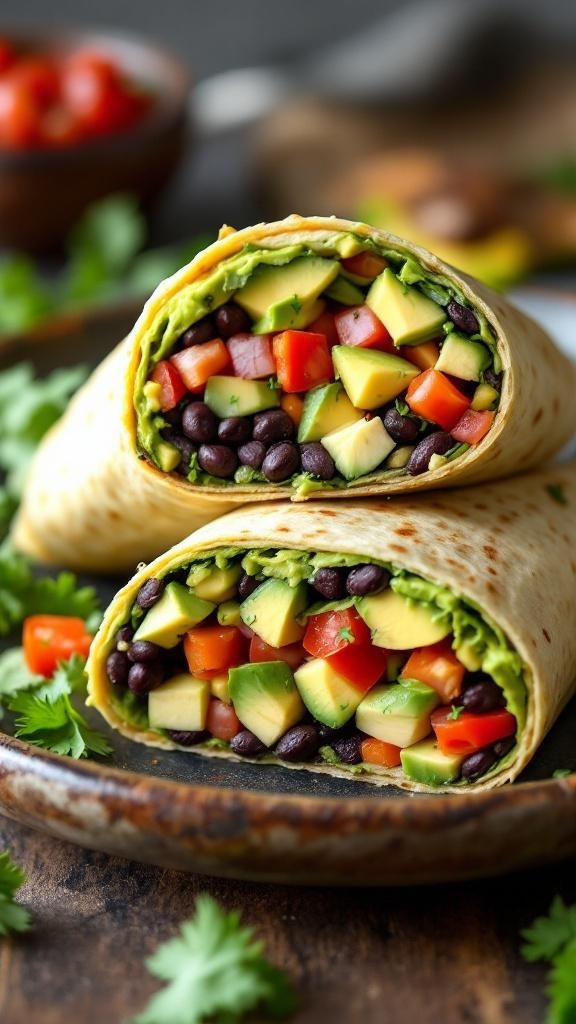 A colorful zesty avocado and black bean wrap filled with fresh vegetables.