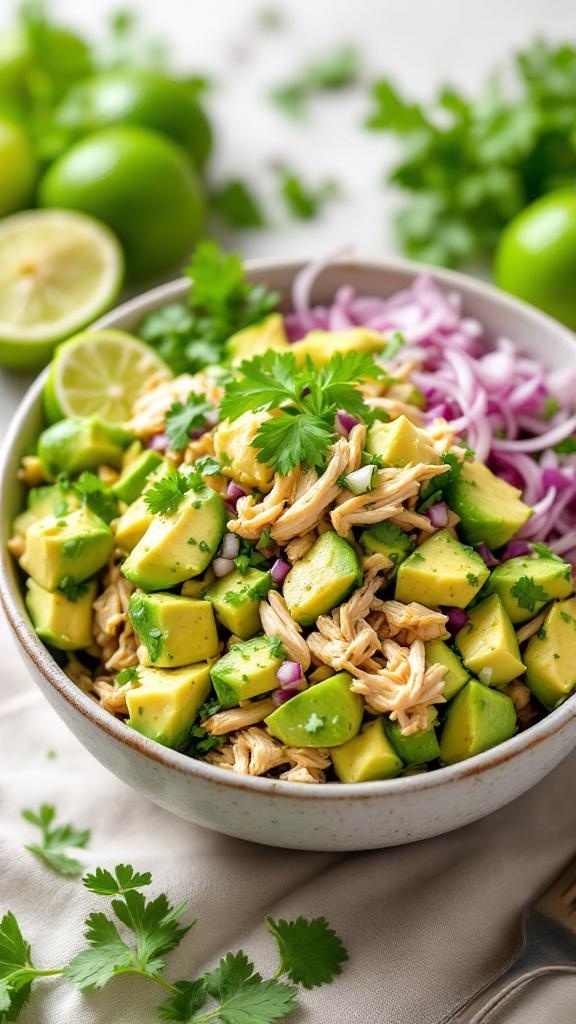 A bowl of zesty avocado chicken salad with lime and cilantro