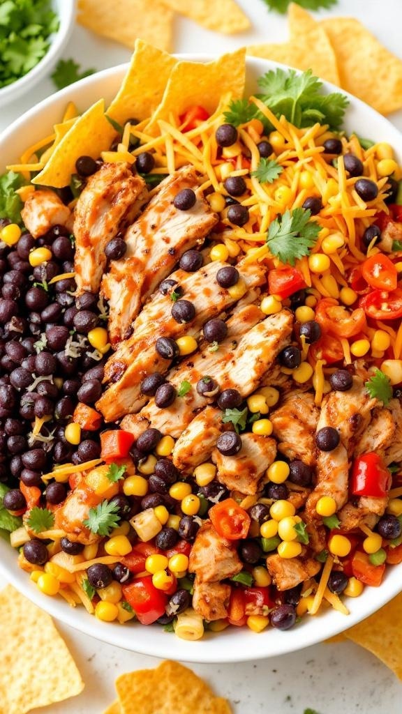 A colorful bowl of zesty BBQ chicken salad with corn, black beans, and tortilla chips.