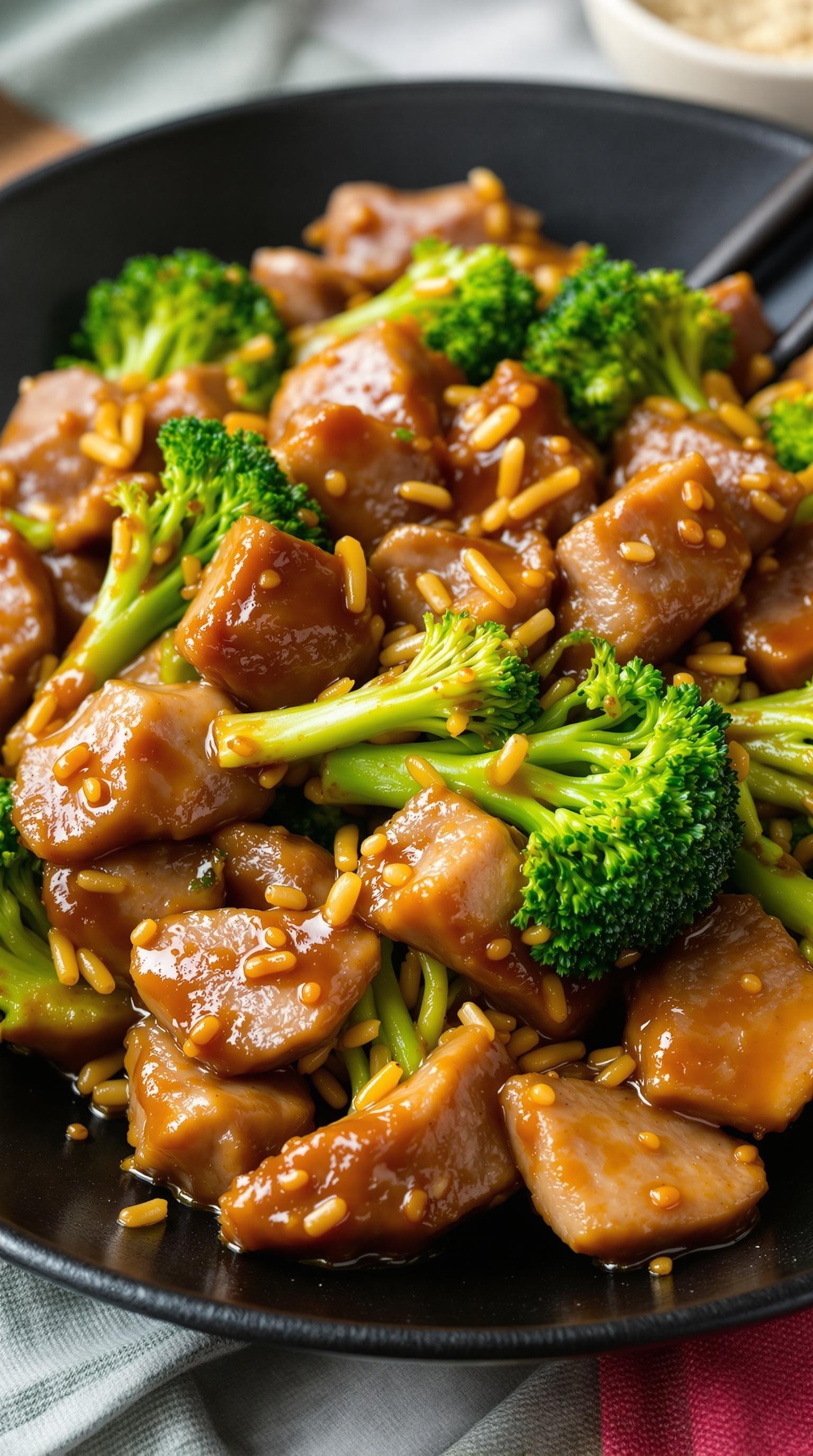 A delicious beef and broccoli stir-fry with sesame seeds on top.