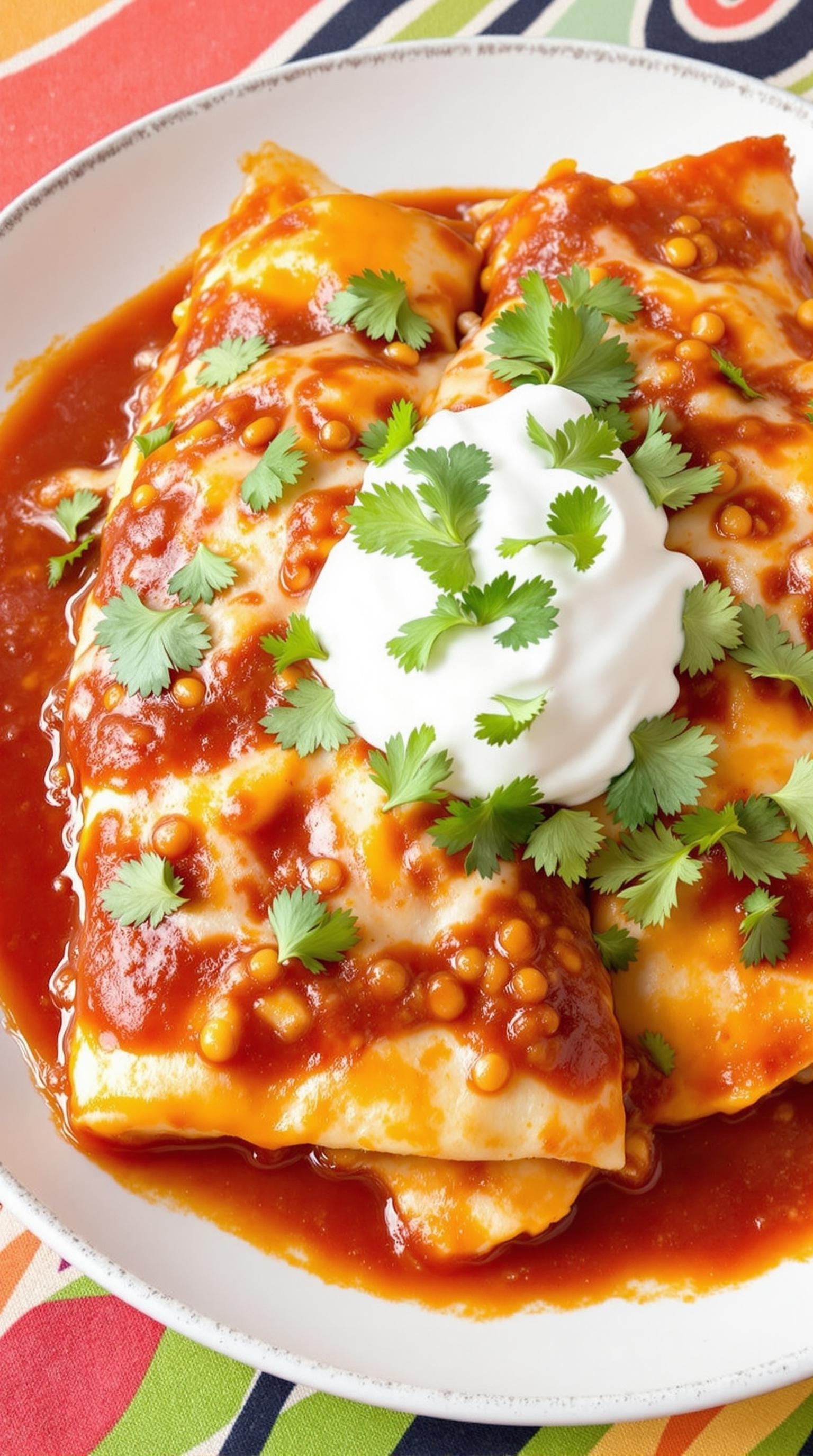 Delicious beef and cheese enchiladas topped with cilantro and sour cream on a colorful plate.