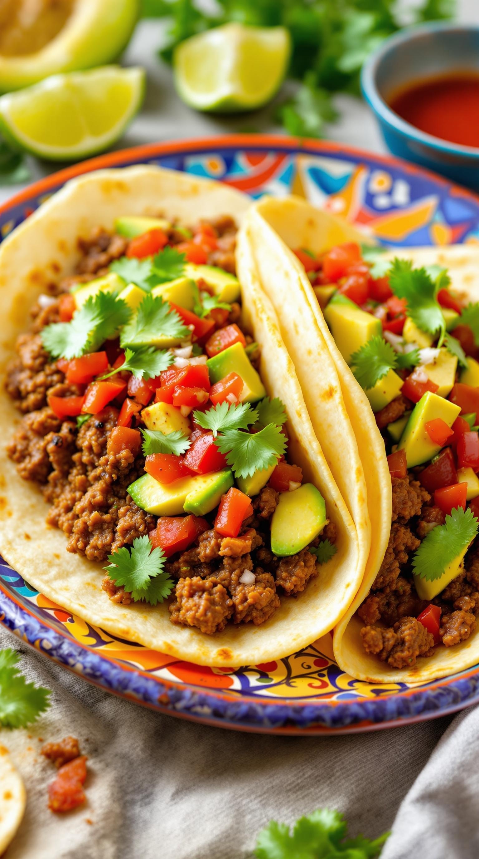 Zesty beef tacos with fresh salsa, topped with cilantro and served on a colorful plate.