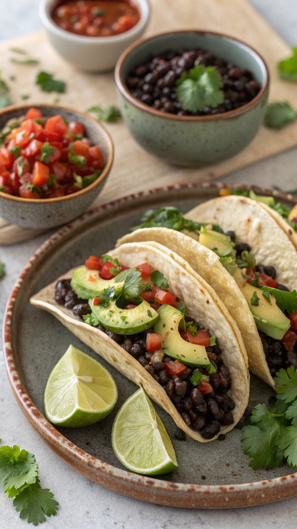 Zesty black bean tacos with avocado, pico de gallo, and lime wedges on a plate.