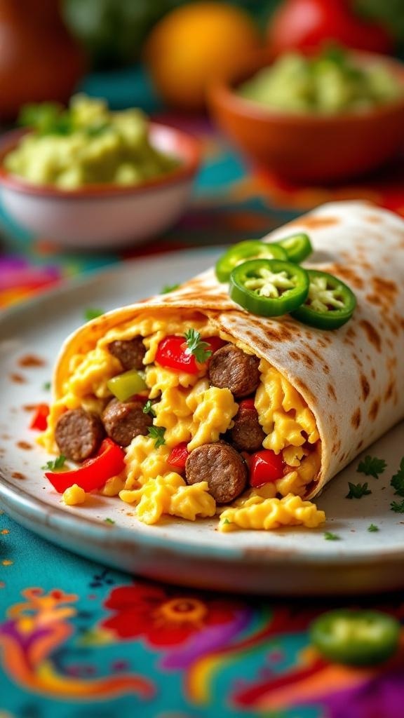 A delicious breakfast burrito filled with scrambled eggs, sausage, and peppers, garnished with jalapeño slices.