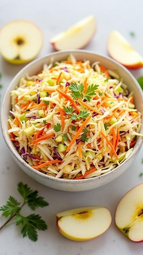 A bowl of zesty cabbage slaw with apples and carrots, surrounded by apple slices.