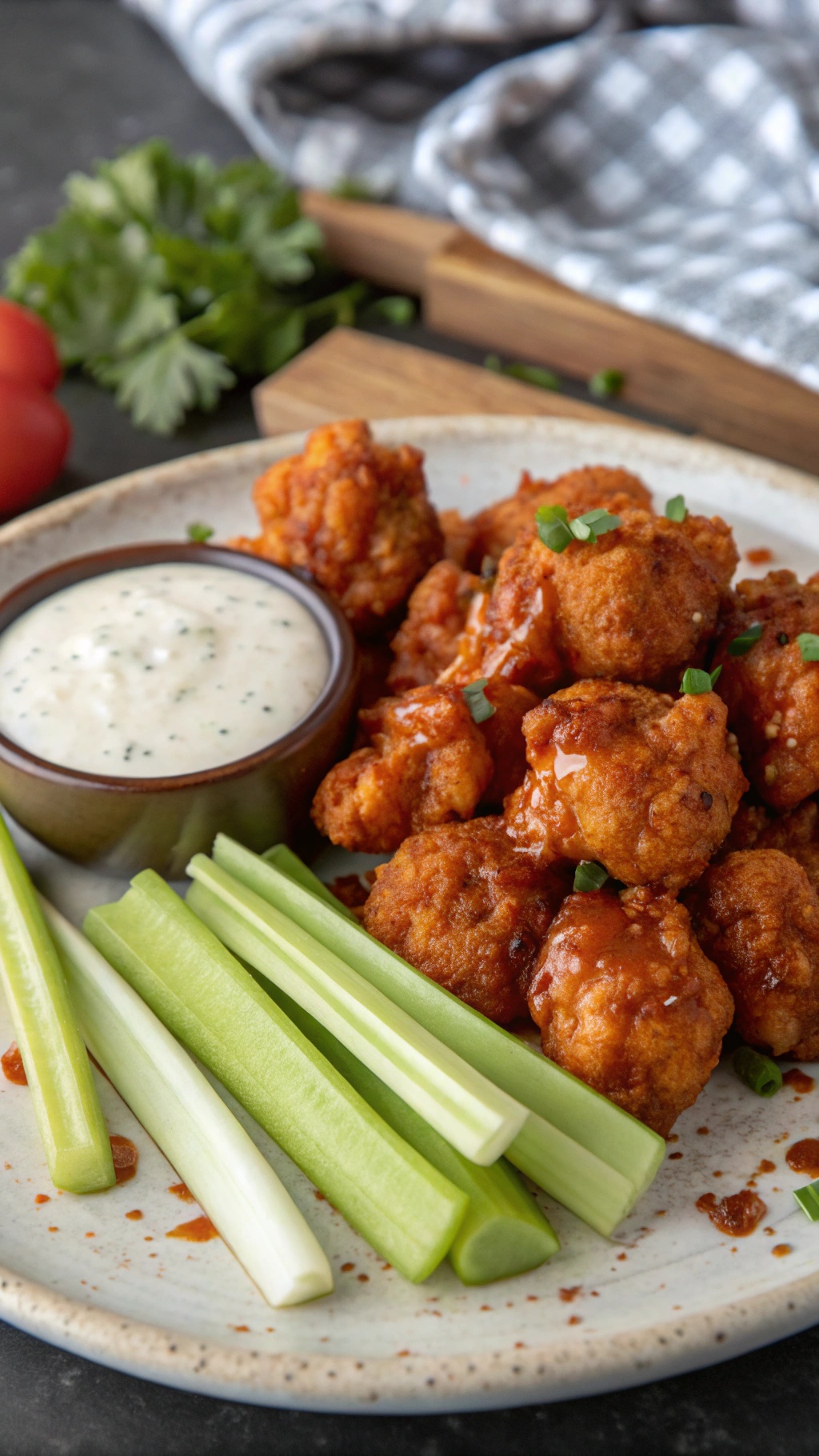 Crispy cauliflower buffalo wings served with celery sticks and a creamy dipping sauce