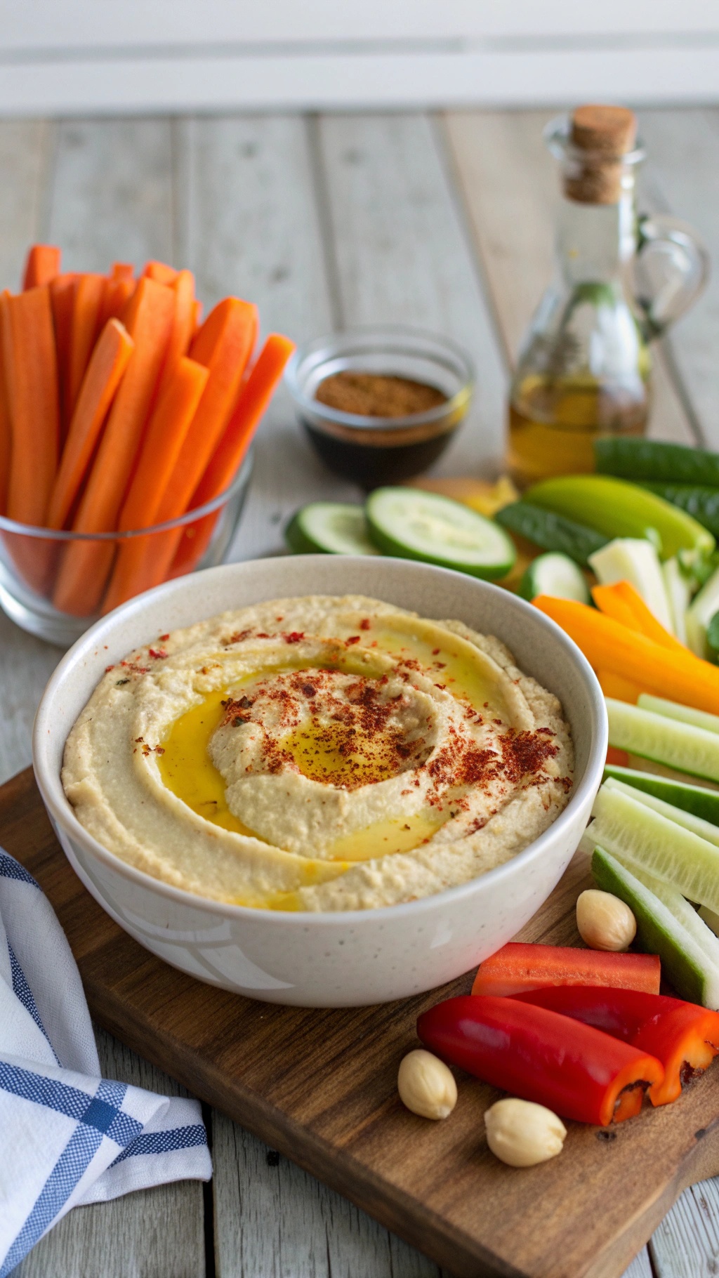 A bowl of zesty cauliflower hummus with olive oil and paprika, surrounded by carrot sticks, cucumber slices, and bell pepper strips.