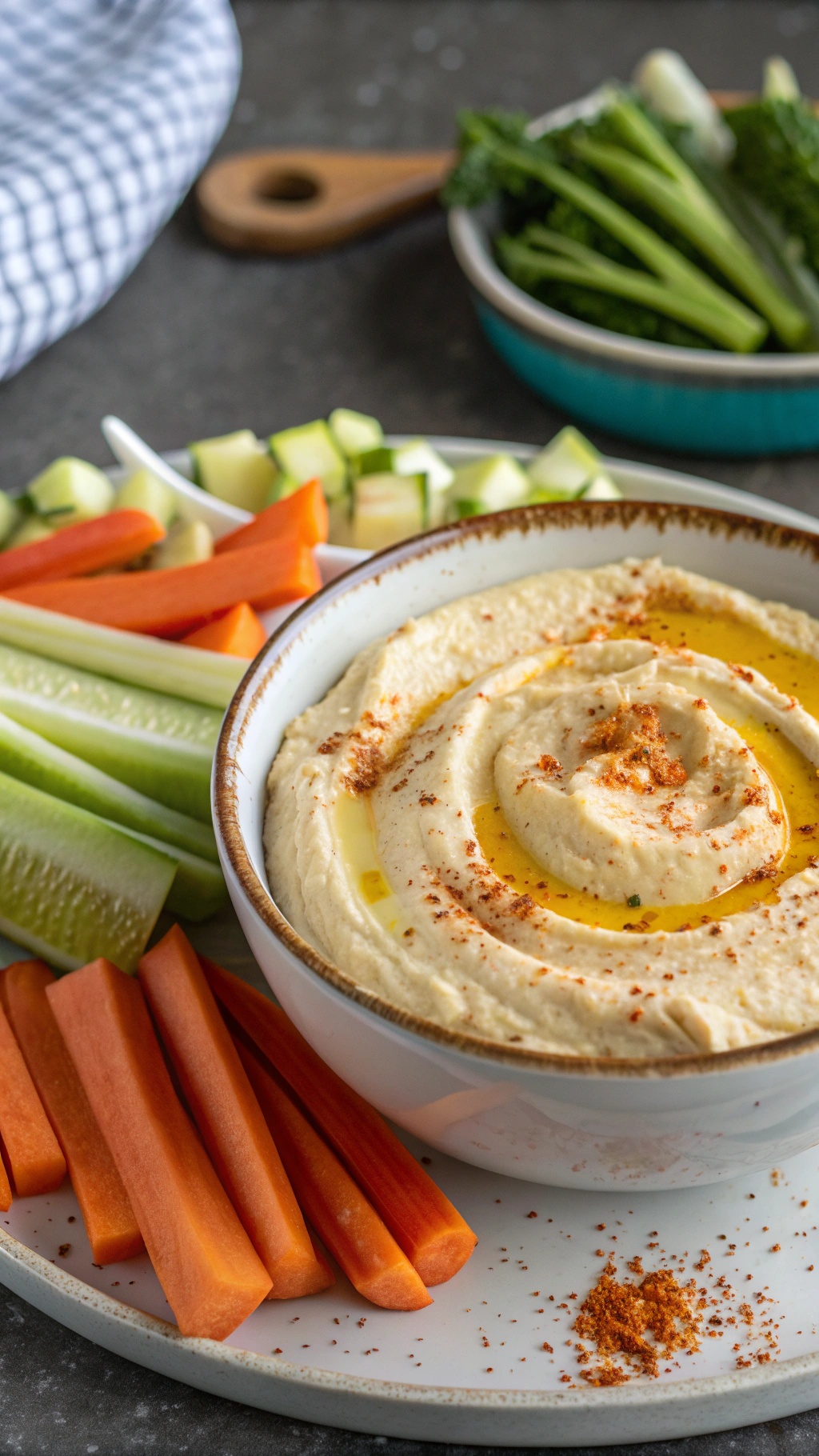 A bowl of zesty cauliflower hummus surrounded by fresh vegetable sticks.