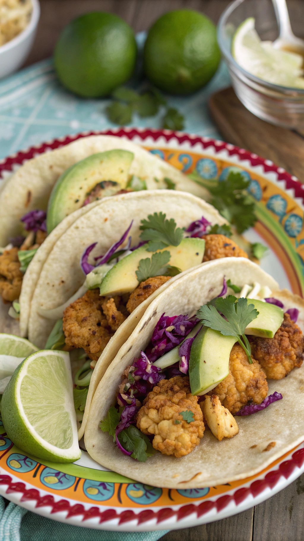 A plate of zesty cauliflower tacos topped with avocado, cabbage, and cilantro, with lime wedges on the side.