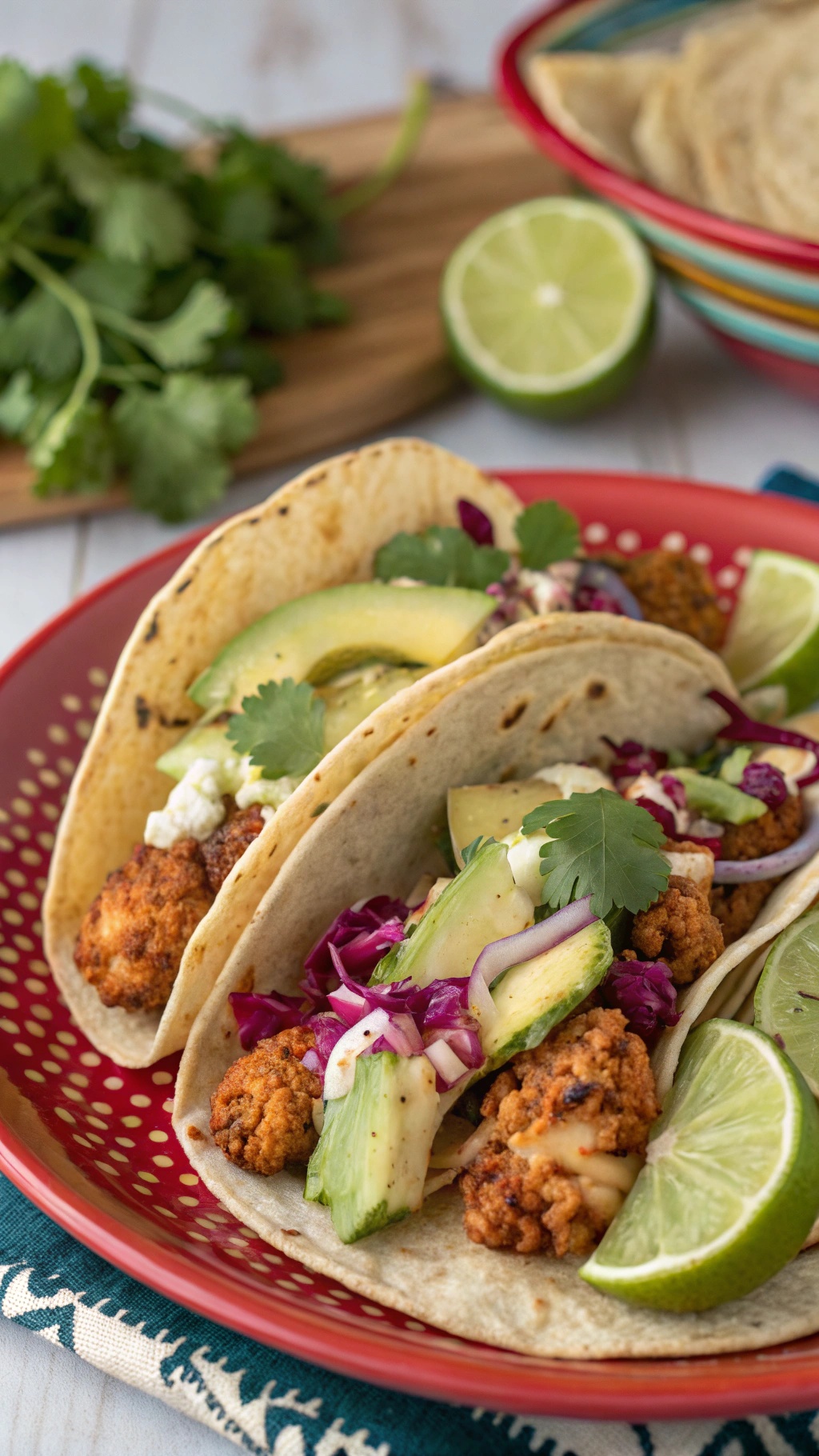 Zesty cauliflower tacos with avocado, cabbage, and lime