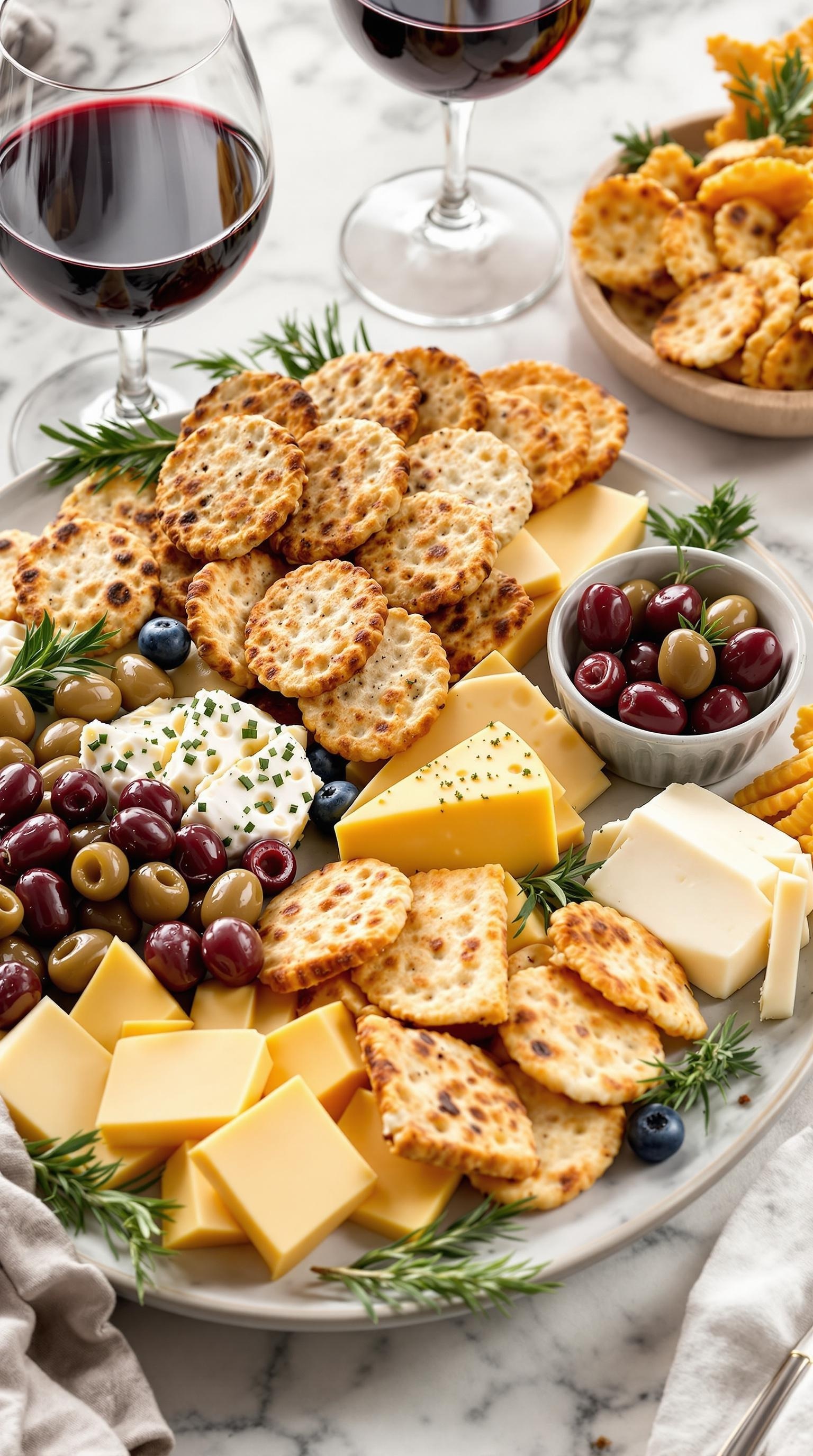 A cheese and crackers platter with various cheeses, olives, and crackers arranged beautifully.