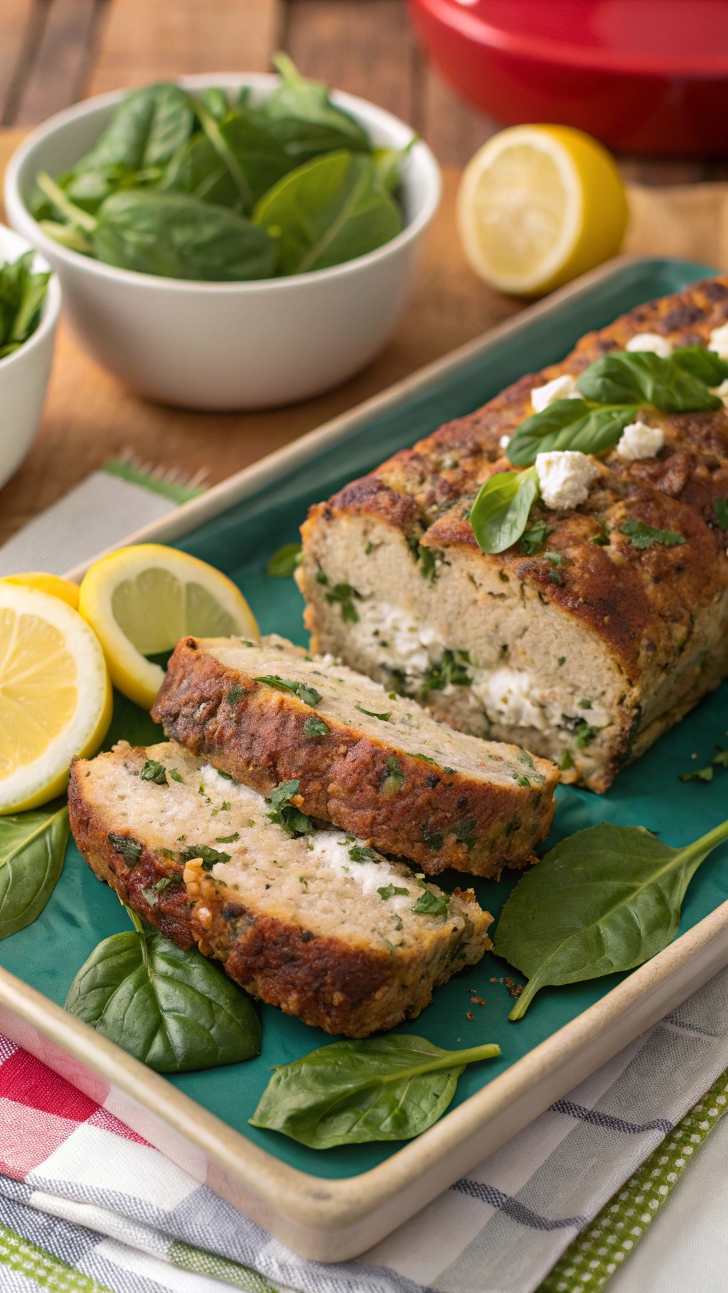 Zesty chicken meatloaf with spinach and feta, served with lemon slices and fresh spinach.